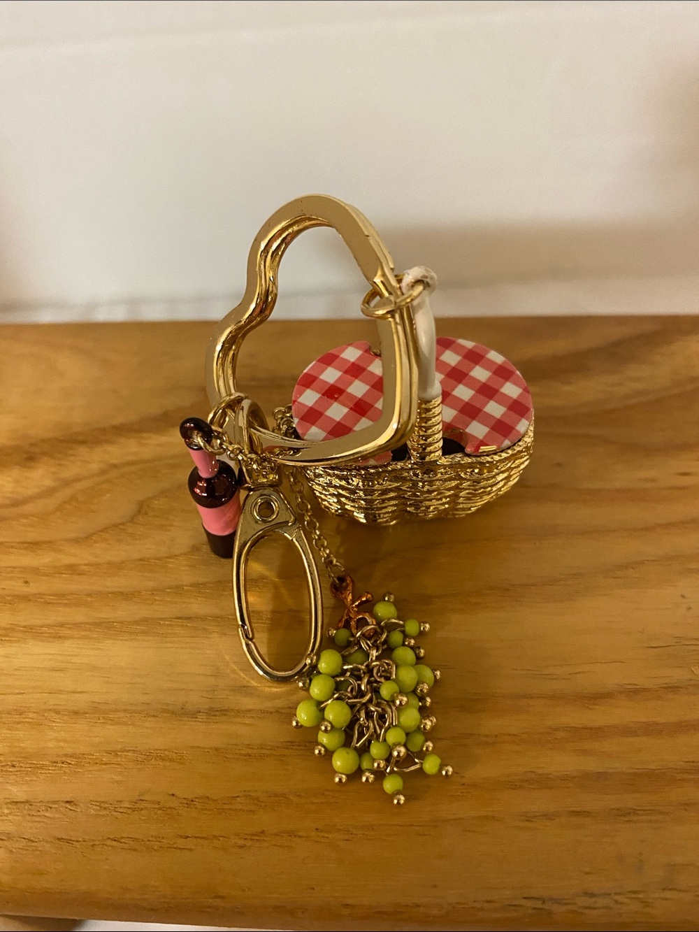 Gold Picnic Basket Keychain Bag Charm with Pink Wine Bottle and Lime Beads - Picture 3 of 9